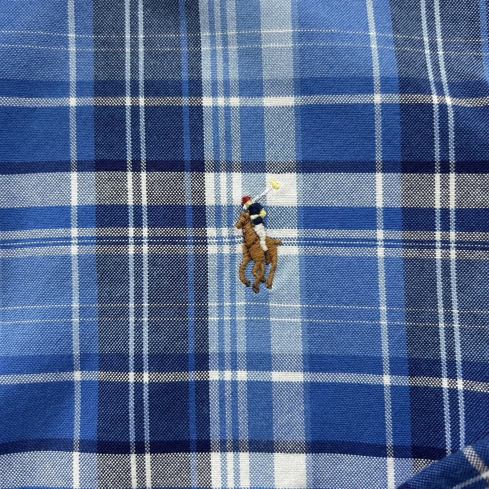 Polo Ralph Lauren Large Slim Fit Stretch Oxford Blue White Plaid Button Down
